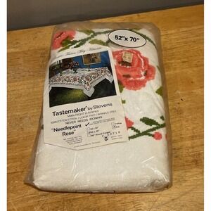 Vintage TASTEMAKER by Stevens Floral Needlepoint Roses Terry Tablecloth 52"x70"